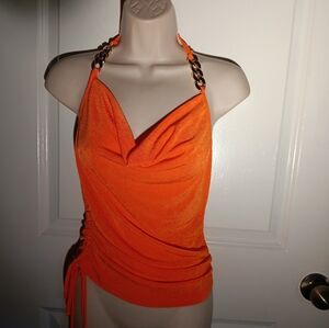 SzS Orange shirt with chains ,ruched sides  ties behind neck,cowl neck